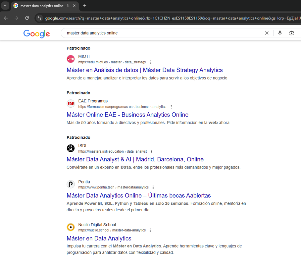 resultados de búsqueda de google para la consulta ''master data analytics online''