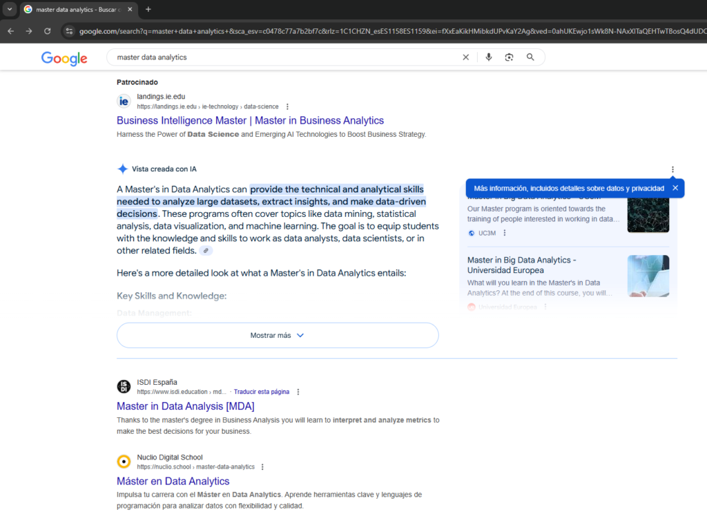 resultados de búsqueda de google para la consulta ''master data analytics''