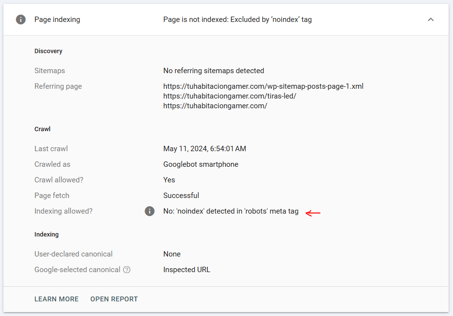 comprobación de etiqueta noindex mediante informe de indexación de página de Search Console