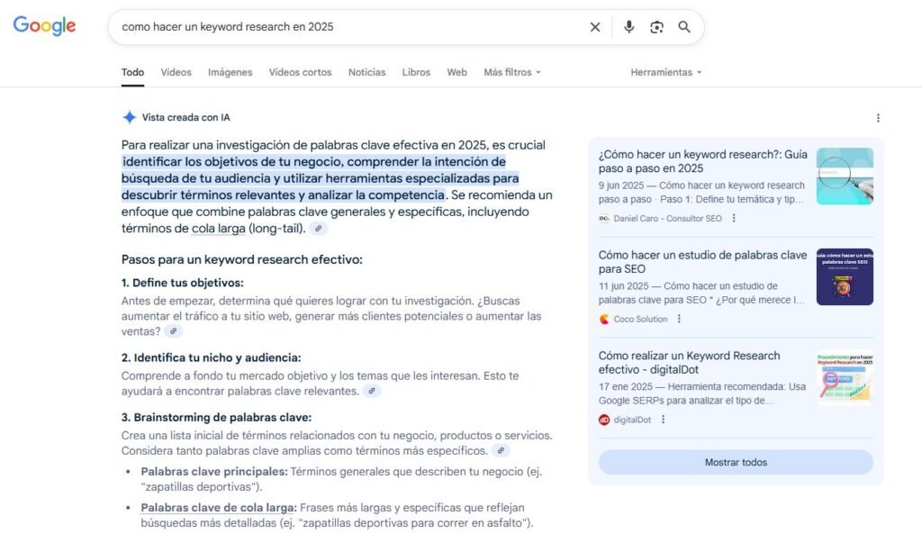 ejemplo posicionamiento seo en Google AI overviews