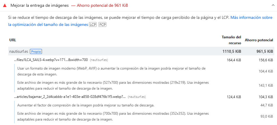 Recomendaciones de google page speed insights de optimizar imágenes. 