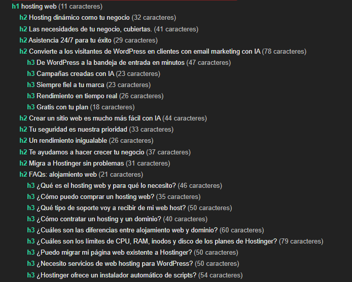 Ejemplo estructura y jerarquía encabezados completa Hosinguer- extensión SEO