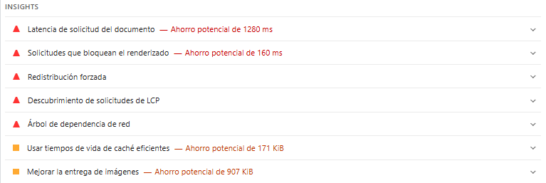 Recomendaciones de optimización de google page speed insights sobre el rendimiento de  una web