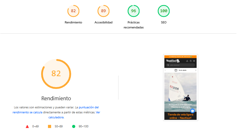 diagnostico general de google page speed insights sobre el rendimiento de  una web