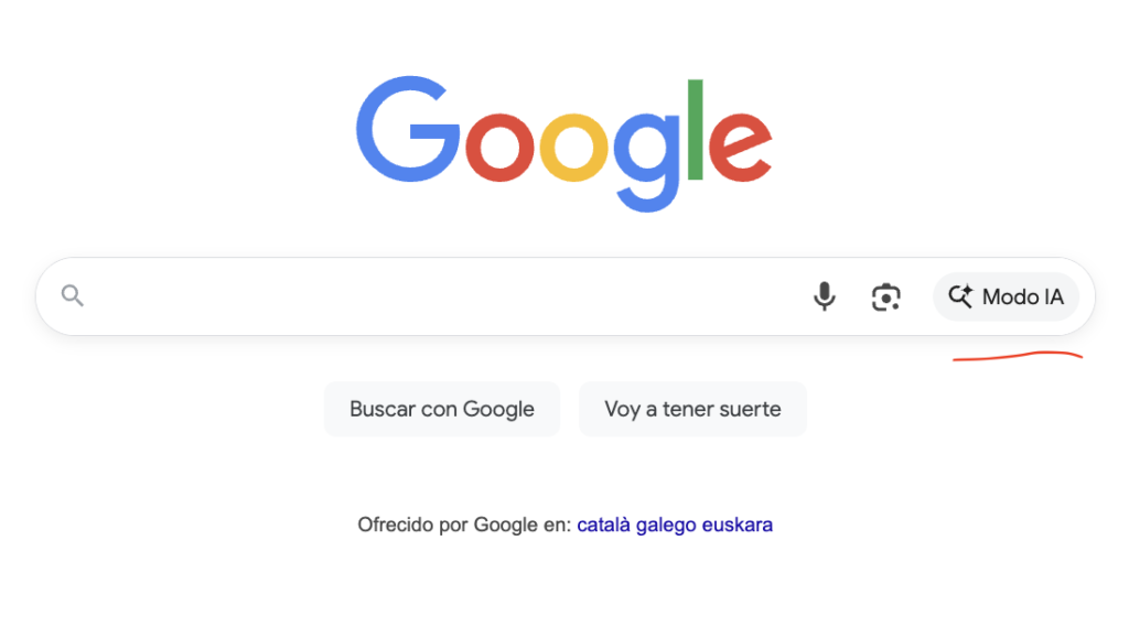 Captura de google indicando donde se encuentra el modo IA en el buscador