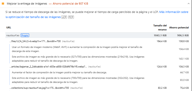 diagnostico de google page speed insights sobre el peso de las imágenes de una web